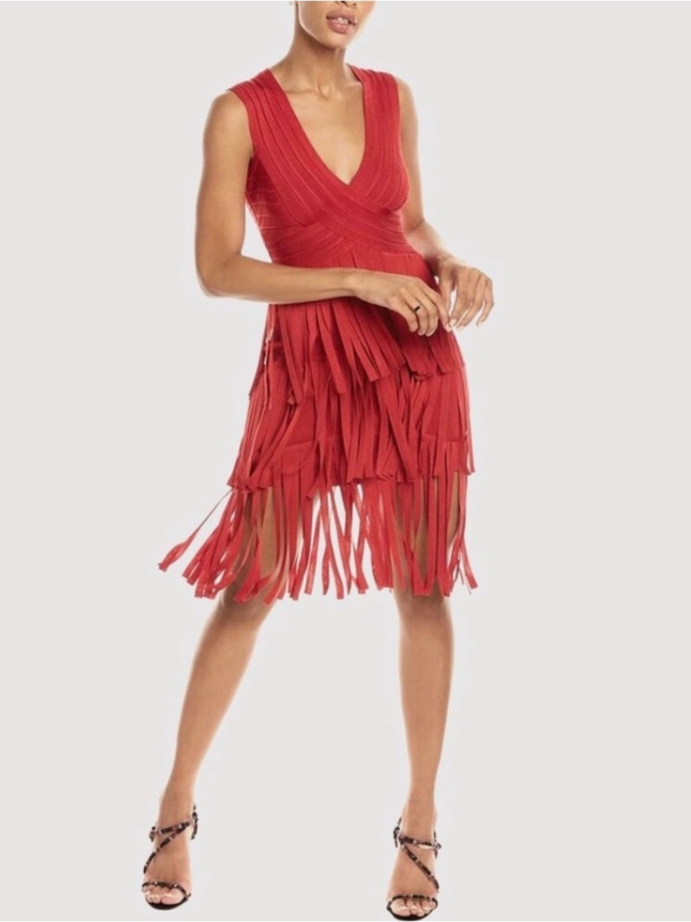 Herve Leger Red Fringe V-Neck Bandage Dress S